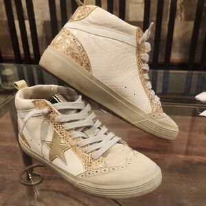 Stylish White and Gold High-Top Sneakers